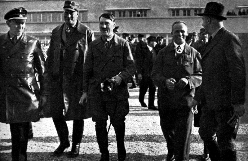 Adolf Hitler in Munich's airport (Oberwiesenfeld) during the electoral campaign with his pilot Hans Baur, adjutants Julius Schaub and Wilhelm Brückner, and Hermann Esser